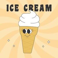 Poster with groovy hippie ice cream. Cartoon character in trendy retro style. vector