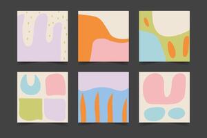 Set of cute abstract cards with simple hand drawn shapes collage. Primitive art background collection on pastel colors. Trendy design for social media post templates, blog content vector