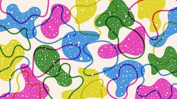 Abstract doodle design with hand drawn colorful shapes, lines and dots. Retro background with risograph effect and grain. Cute vector pattern