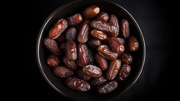 AI generated Dried dates in a bowl on a black background, top view photo