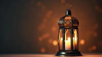 AI generated Lantern with burning candle. Ramadan Kareem dark background photo