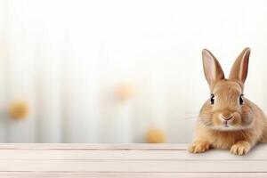 AI generated Cute bunny on table against blurred background. Space for text photo