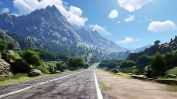 AI generated Asphalt road in the mountains on a background of blue sky with clouds photo