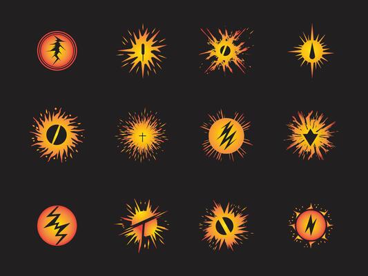 Magnetic field and lightning effects logos set icons vectors silhouettes on black background