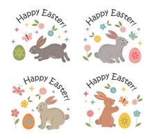 Easter badges with bunny, egg, spring flowers. Easter holiday labels vector design elements set. Stickers with festive rabbits, bunnies, eggs, flowers, butterflies and Happy Easter typography message.