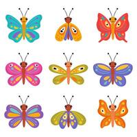 Collection of butterfly in colorful cartoon hand drawn style on white background. Flying smiling butterfly vector isolated set. Cute spring funny butterflies clip art, colorful insect icons, .