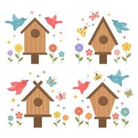 Welcome spring season collection with birdhouse, birds, butterfly, flowers. Spring mood bundles. Vector Hello spring illustration for postcard, poster, invitation, card in hand drawn style.