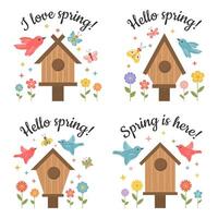 Hello Spring set with Spring birdhouse, bird, butterfly, flowers. Spring quotes. I love spring collection of cards, posters, tags isolated on white. Colorful illustration in cartoon hand drawn style. vector