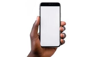 AI generated man hand holding smartphone with blank screen on white background, smart phone mockup photo