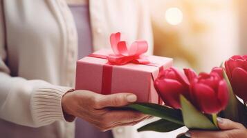 AI generated Close up of female hands holding a pink gift box and bouquet of tulips photo