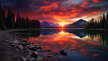 AI generated Beautiful landscape with lake and mountains at sunset photo