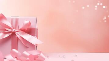 AI generated Gift box with pink bow on pink bokeh background. international woman's day photo