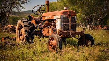 AI generated Old rusty tractor in the field. Photo in old color image style.