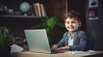 AI generated Cheerful little boy using laptop at living room photo