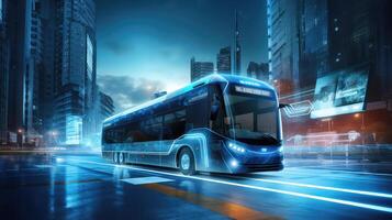 AI generated Bus on the road with high speed motion blur and modern city background photo