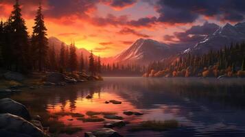 AI generated Beautiful landscape with lake and mountains at sunset photo