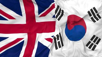 United Kingdom and South Korea Flags Together Seamless Looping Background, Looped Bump Texture Cloth Waving Slow Motion, 3D Rendering video