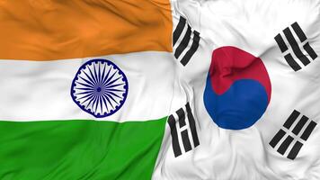 India and South Korea Flags Together Seamless Looping Background, Looped Bump Texture Cloth Waving Slow Motion, 3D Rendering video