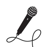 Hand microphone with cable silhouette shadow vector icon illustration isolated on white square background. Simple flat black and white colored drawing.