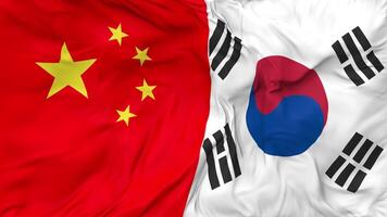 China and South Korea Flags Together Seamless Looping Background, Looped Bump Texture Cloth Waving Slow Motion, 3D Rendering video