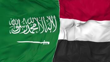 KSA, Kingdom of Saudi Arabia and Yemen Flags Together Seamless Looping Background, Looped Bump Texture Cloth Waving Slow Motion, 3D Rendering video