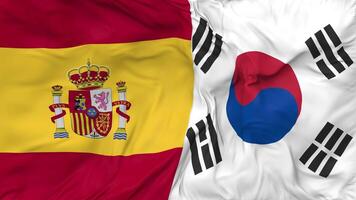 Spain and South Korea Flags Together Seamless Looping Background, Looped Bump Texture Cloth Waving Slow Motion, 3D Rendering video