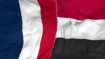 France and Yemen Flags Together Seamless Looping Background, Looped Bump Texture Cloth Waving Slow Motion, 3D Rendering video