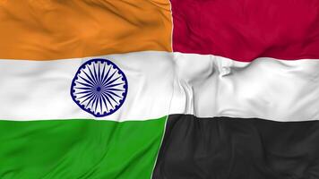 India and Yemen Flags Together Seamless Looping Background, Looped Bump Texture Cloth Waving Slow Motion, 3D Rendering video