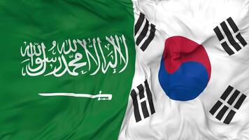 ksa, Reino de saudi arabia y sur Corea banderas juntos sin costura bucle fondo, serpenteado bache textura paño ondulación lento movimiento, 3d representación video