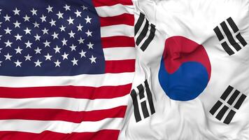 unito stati e Sud Corea bandiere insieme senza soluzione di continuità looping sfondo, loop urto struttura stoffa agitando lento movimento, 3d interpretazione video