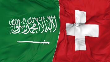 ksa, Royaume de saoudien Saoudite et Suisse drapeaux ensemble sans couture boucle arrière-plan, en boucle bosse texture tissu agitant lent mouvement, 3d le rendu video