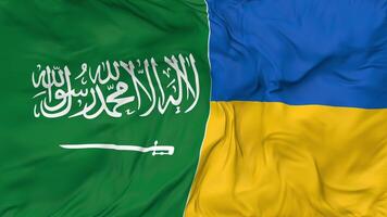 KSA, Kingdom of Saudi Arabia and Ukraine Flags Together Seamless Looping Background, Looped Bump Texture Cloth Waving Slow Motion, 3D Rendering video