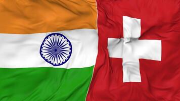 India and Switzerland Flags Together Seamless Looping Background, Looped Bump Texture Cloth Waving Slow Motion, 3D Rendering video