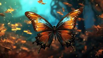 AI generated butterfly in a dark forest with autumn leaves photo