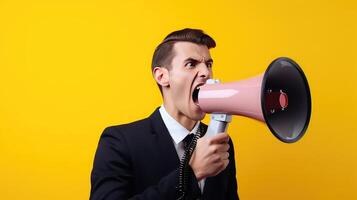 AI generated Young man with a megaphone on a yellow background photo