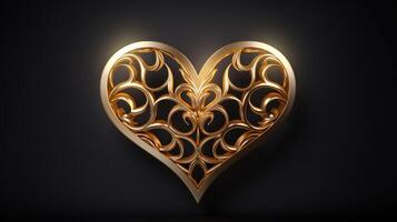 AI generated Golden heart on black background. Valentine's day concept. photo