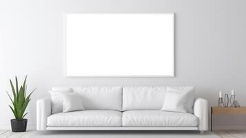 AI generated White sofa in modern living room with blank poster on wall, poster mockup photo