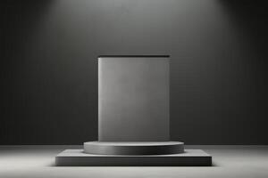 ai generado minimalista negro pedestal en oscuro habitación, foto