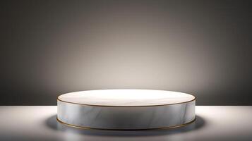 AI generated White round marble podium on gray background photo
