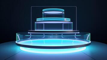 AI generated abstract background, podium, blue neon light, round pedestal photo