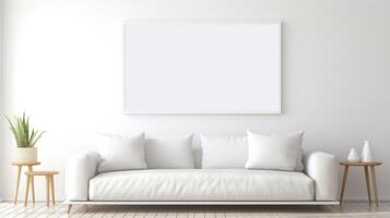 AI generated White sofa in modern living room with blank poster on wall, poster mockup photo