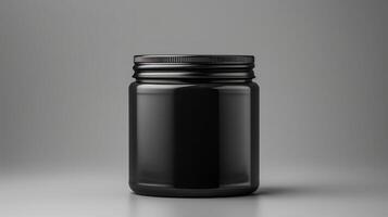 AI generated Mockup of black plastic jar isolated on grey background. photo