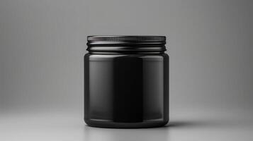 AI generated Mockup of black plastic jar isolated on grey background. photo