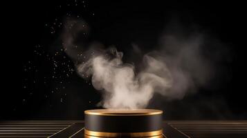 AI generated Gold pedestal podium with smoke on a black background photo