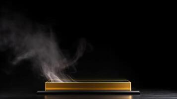 AI generated Gold pedestal podium with smoke on a black background photo