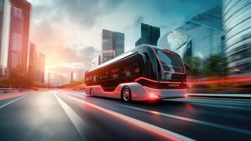 AI generated Bus on the road with high speed motion blur and modern city background photo