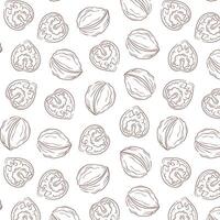 Walnut line art style pattern. Hand drawn nuts illustration for print, fabric, textile, wrapping, menu, food store. Vector illustration on a white background.