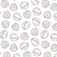 Walnut line art style pattern. Hand drawn nuts illustration for print, fabric, textile, wrapping, menu, food store. Vector illustration on a white background.