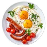 ai generiert gebraten Eier mit Würste oben Aussicht isoliert auf transparent Essen Foto png