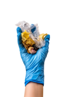 AI generated Hand in blue glove holding waste isolated on a transparent background png